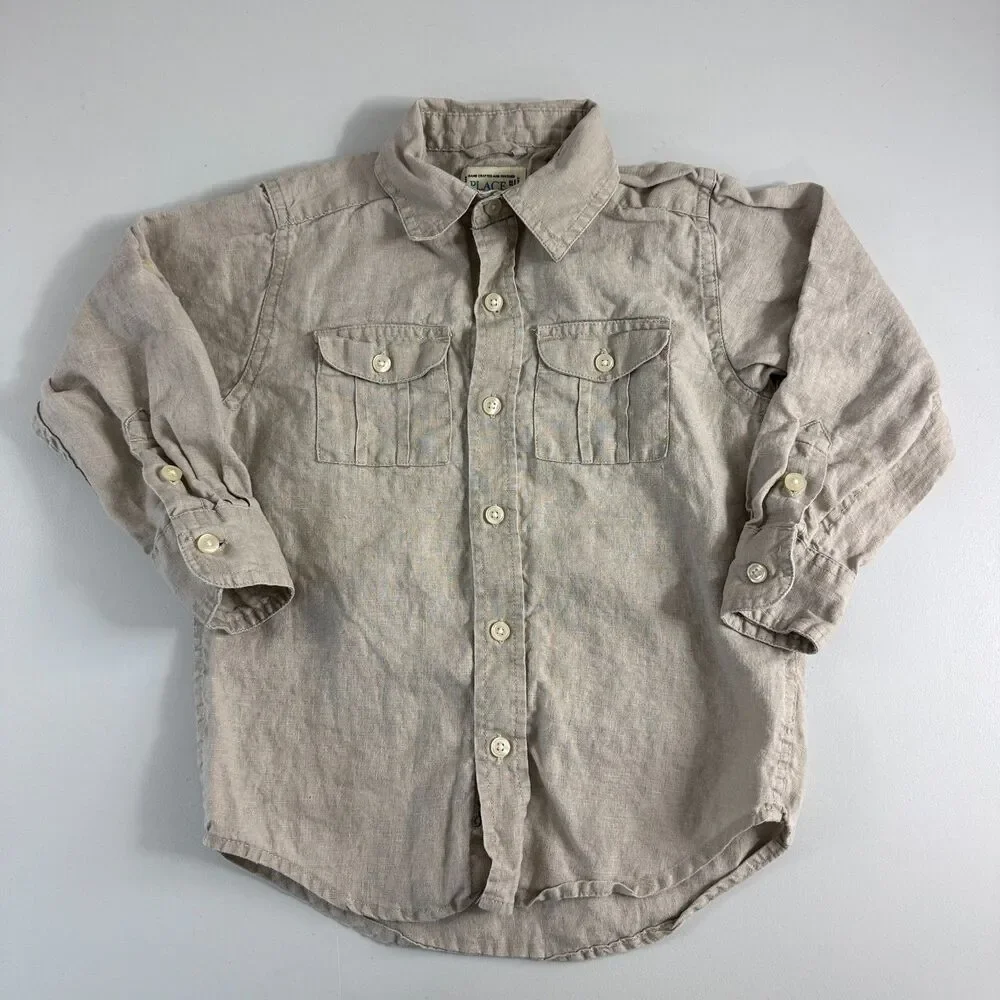 The Children's Place Boys 100% Linen Button Front Shirt Beige Tan L/S Size 4 XS